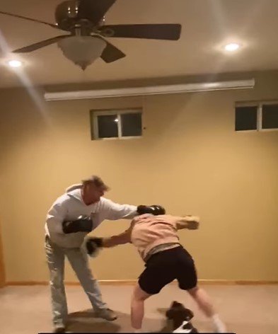 ‘Pop and a little too hard’: Boxing world goes berserk when father-son sparring session is interrupted by pet dog