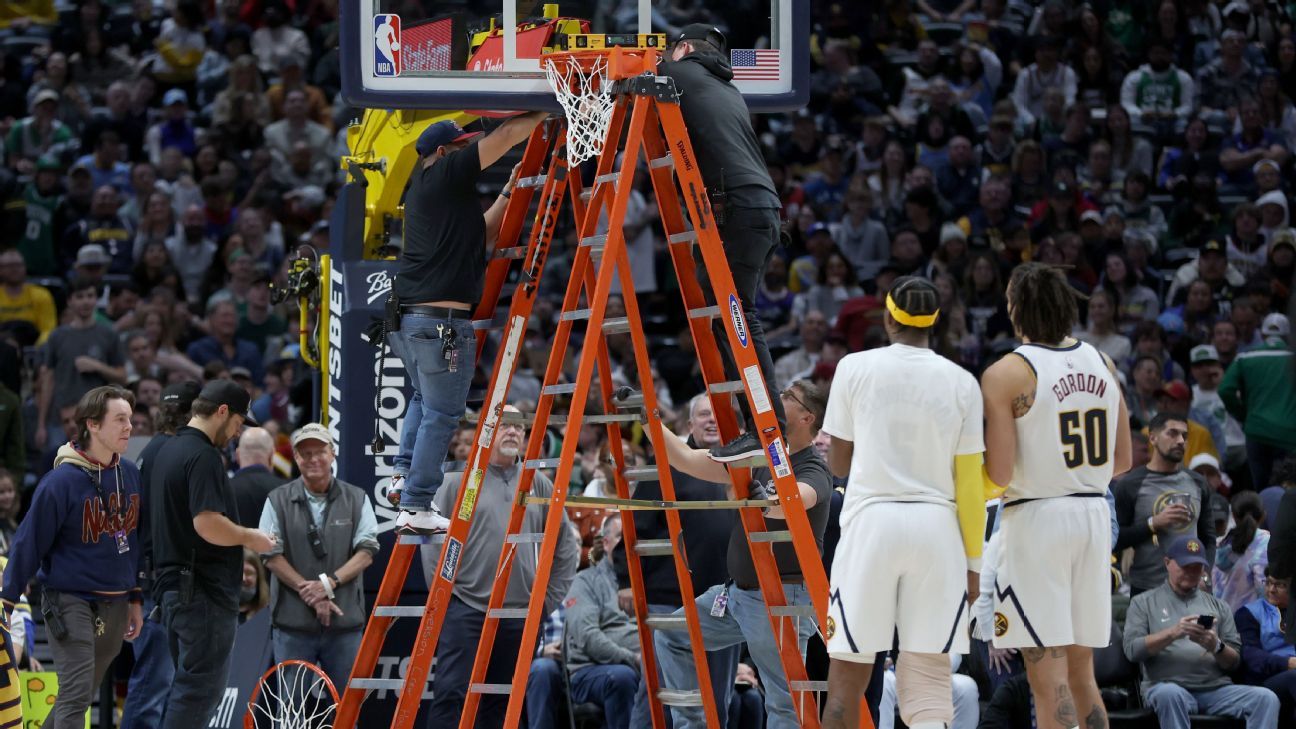 Crooked rim causes 35-minute delay as Nuggets beat Celtics