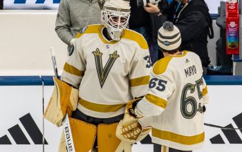 Vegas Golden Knights players warming up before an NHL game