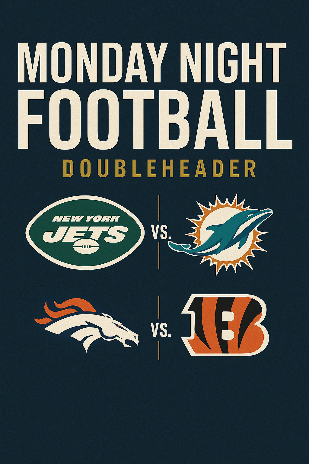 Monday Night Football Doubleheader: Jets vs. Dolphins & Broncos vs. Bengals